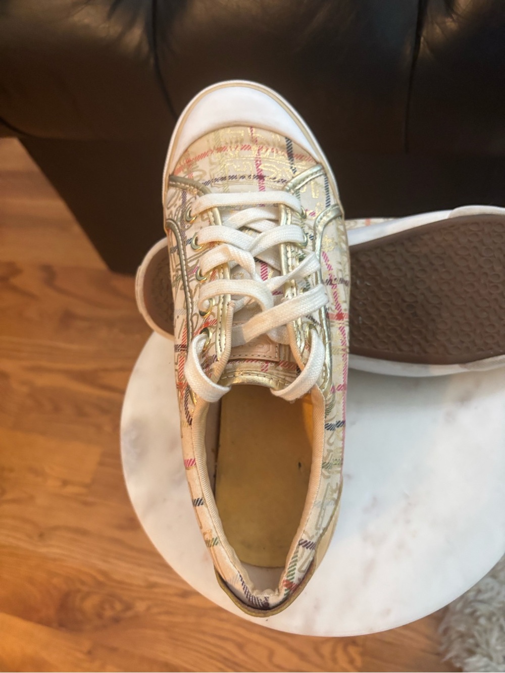 Coach Barrett Cream Plaid Low-Top Sneakers with Multicolor Gold Accents - Picture 7 of 9